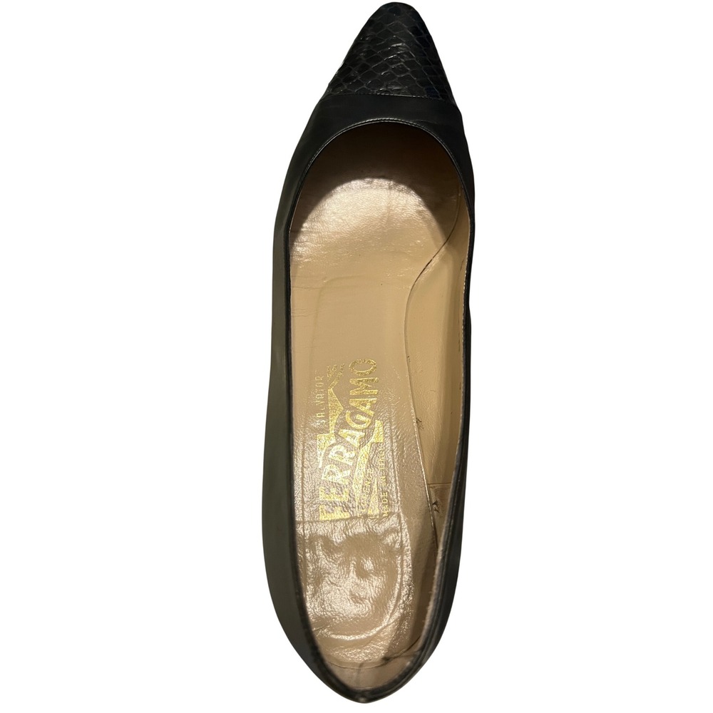 Salvatore Ferragamo Margaret Black Calf Leather Snakeskin Cap Toe Pumps 9 AAA - Picture 11 of 12